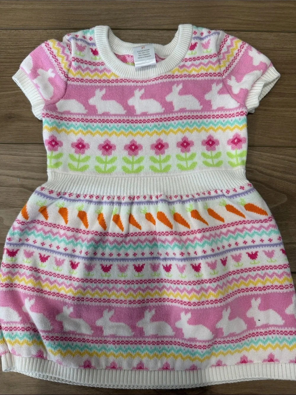 Girls Pink Bunny & Flower Knit Dress